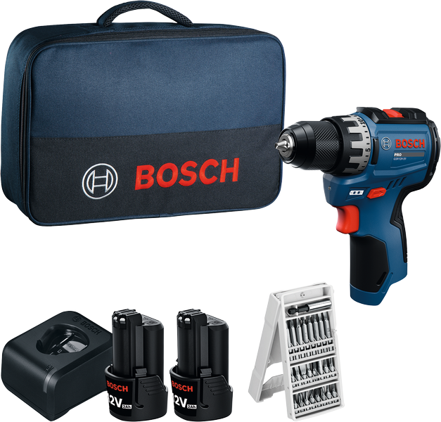 Bosch GSR12V-31 Bohrmaschinen-Set mit Ladegerät, Akkus und Bohrern.
