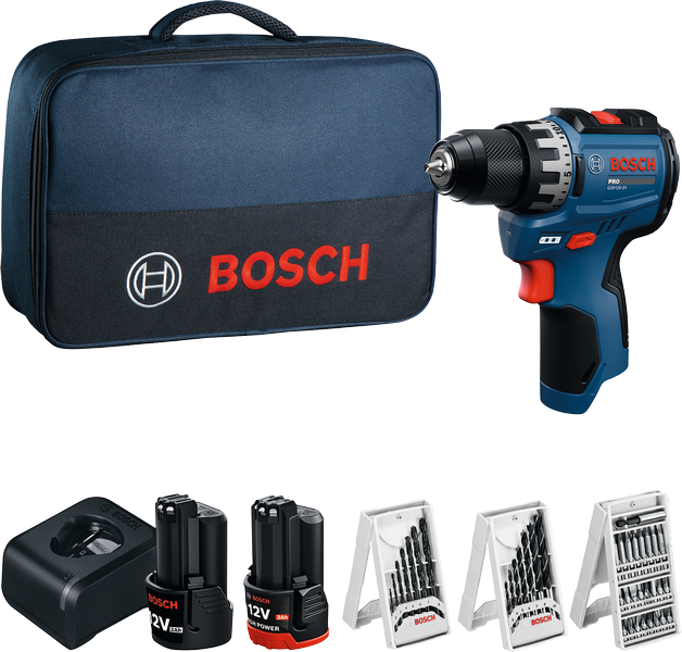 Bosch GSR12V-31 Akku-Bohrschrauber-Set mit Ladegerät und Zubehör.