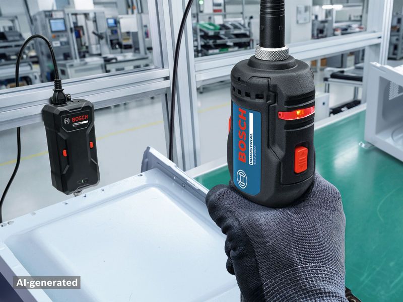 Eine Person, die Schutzausrüstung trägt, bedient ein industrielles Elektrowerkzeug an einem Fließband.