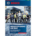 Gruppierung von Bauarbeitern in gelben Helmen vor einem Bauprojekt von Bosch.