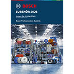 Ein Katalogcover von Bosch zeigt Zubehör für Handwerksgeräte in einer hellen Lagerhalle.