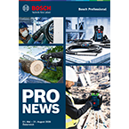 Ein quadratisches Produktbild mit vier Abschnitten zeigt Bosch Professional Werkzeuge. Oben links ist ein Mann mit Schutzbrille und Handschuhen, der ein Werkzeug hält. Oben rechts ist ein schwarzes Bosch Professional Werkzeug auf einem Tisch. Unten links liegt ein Baumstamm auf einem grünen Grasboden. Unten rechts ist ein grüner Laserentfernungsmesser von Bosch in einer Baustellenumgebung.