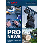 Ein Bosch Professional Katalog mit vier Bildern: Hände bedienen Werkzeuge, eine Säge schneidet Holz, ein Display und ein Baumstamm. Katalogtitel "PRO NEWS" in Blau.