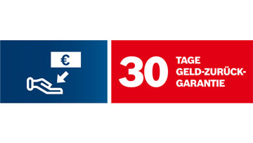 Symbol für Geld-zurück-Garantie, blau und rot, mit Hand und Eurozeichen.