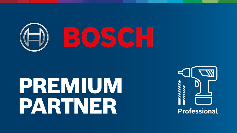 Logo von Bosch, Text "Premium Partner" und Symbol eines Akkuschraubers in Weiß.