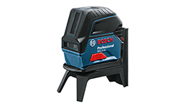 Ein Bosch Professional Linienlaser steht auf einem Ständer, schwarz-blau mit roten Akzenten.