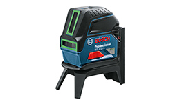 Ein Bosch Professional Linienlaser steht auf einem Ständer, schwarz-blau mit grüner Laserlinie.