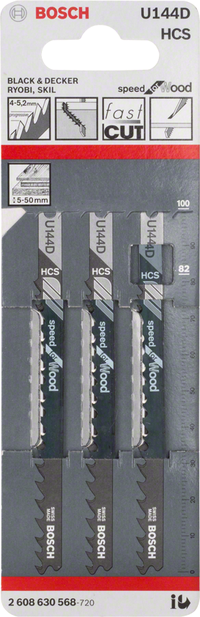 Lame de scie sauteuse Bosch U 144 D pour une coupe rapide du bois.