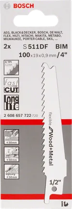Lame de scie alternative Bosch S 511 DF BIM pour bois et métal.