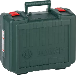 Mallette à outils en plastique Bosch avec loquets et poignée rouges.