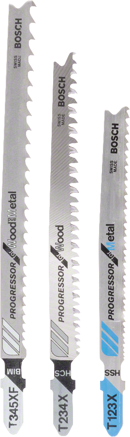 Jeu de 3 lames de scie sauteuse Bosch à queue en T Progressor pour bois et métal.