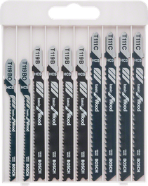 Jeu de 10 lames de scie sauteuse Bosch pour la coupe du bois.