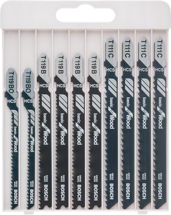 Jeu de 10 lames de scie sauteuse Bosch pour la coupe du bois.