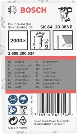Clous en acier inoxydable Bosch SK 64-20 38NR, paquet de 2000.
