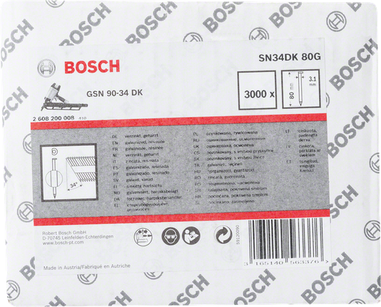 Clous galvanisés Bosch SN34DK 80G, paquet de 3000.