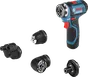 Bosch GSR 12V-15 FC accuboormachineset met vier opzetstukken.