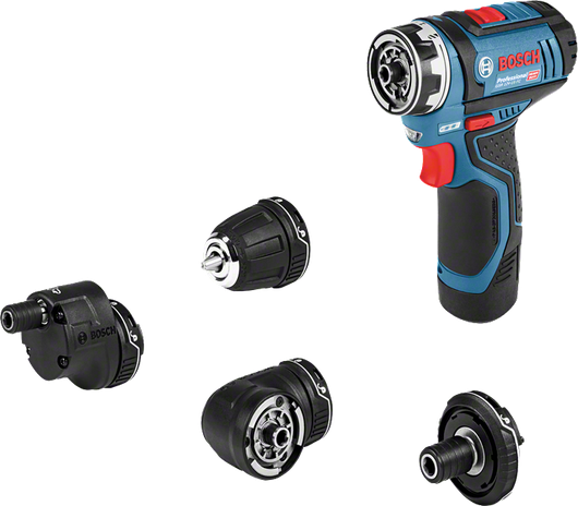 Bosch GSR 12V-15 FC accuboormachineset met vier opzetstukken.