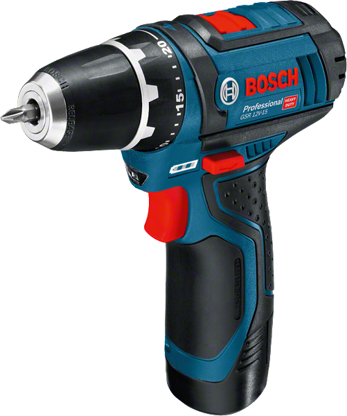Perceuse-visseuse sans fil Bosch GSR 12V-15 avec poignée ergonomique.