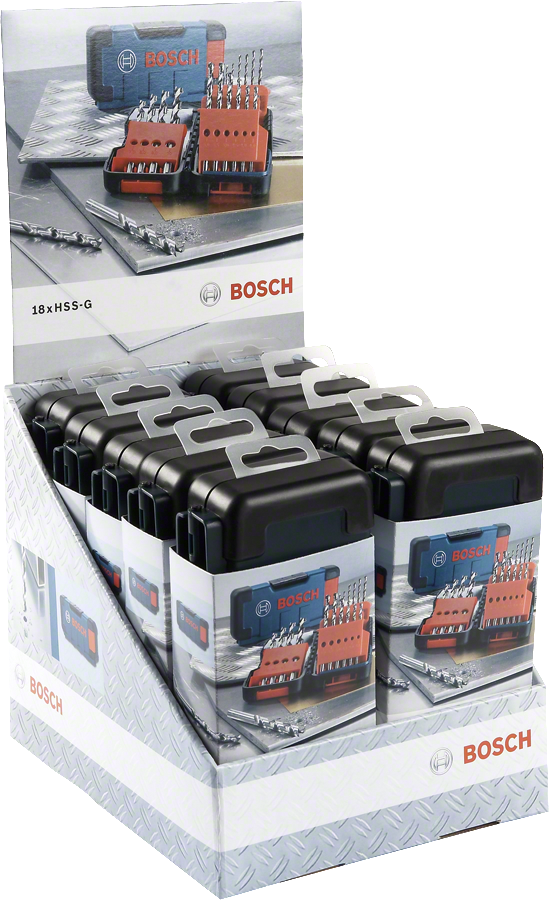 Coffret de 18 forets à métaux Bosch HSS-G présenté en vitrine.