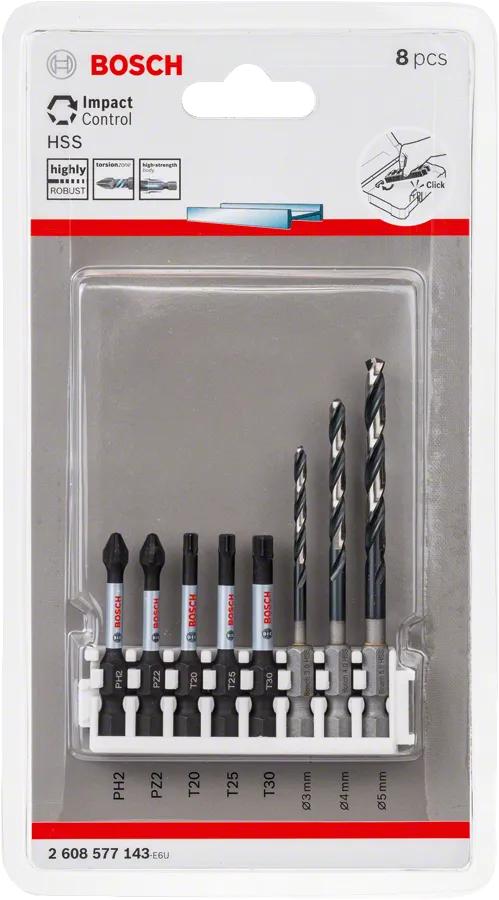 Coffret de forets à percussion et d'embouts électriques Bosch HSS 3/4/5 mm 50 mm.