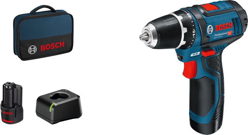 Ensemble de perceuse-visseuse sans fil Bosch GSR 12V-15 avec batterie et chargeur.