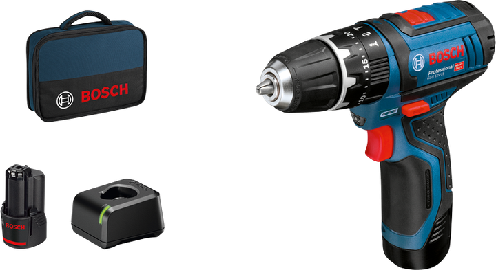 Ensemble de perceuse-visseuse sans fil Bosch GSB 12V-15 avec batterie et coffret.