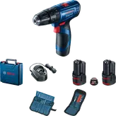 Ensemble de perceuse-visseuse sans fil Bosch GSB 120-LI avec batteries et coffret.