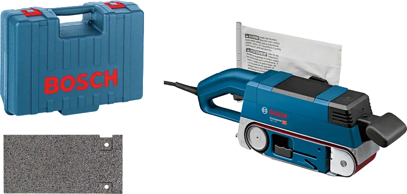 Ponceuse à bande Bosch GBS 75 AE avec sac à poussière et mallette de transport.