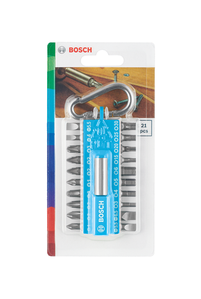 Coffret de 21 embouts de tournevis Bosch avec support.