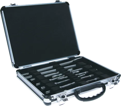 Coffret de 11 forets et burins pour marteau perforateur Bosch dans un coffret.