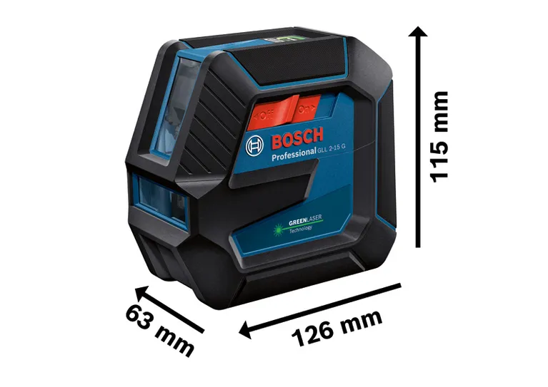 Outil de nivellement laser Bosch GLL 2-15 G de dimensions 115x126x63 mm.