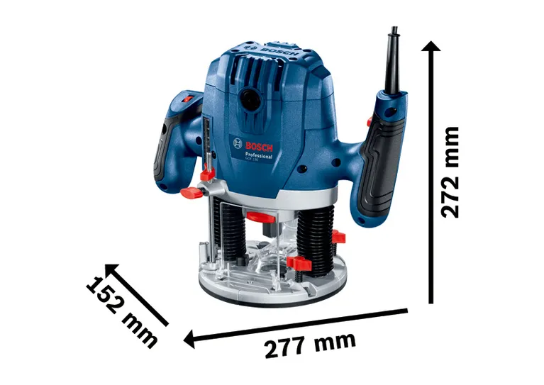 Défonceuse Bosch GOF 130 avec puissance d'entrée de 1300 W et course de 55 mm.