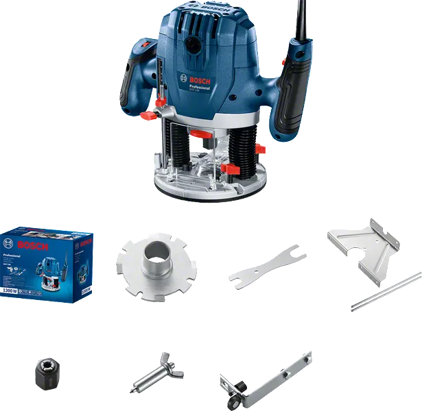Défonceuse plongeante Bosch GOF 130 avec accessoires.