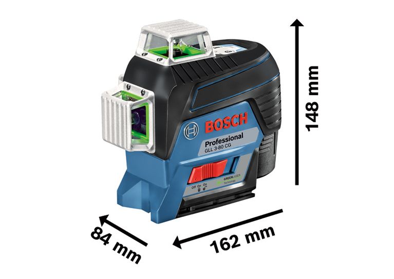 Outil de nivellement laser Bosch GLL 3-80 CG avec dimensions indiquées.