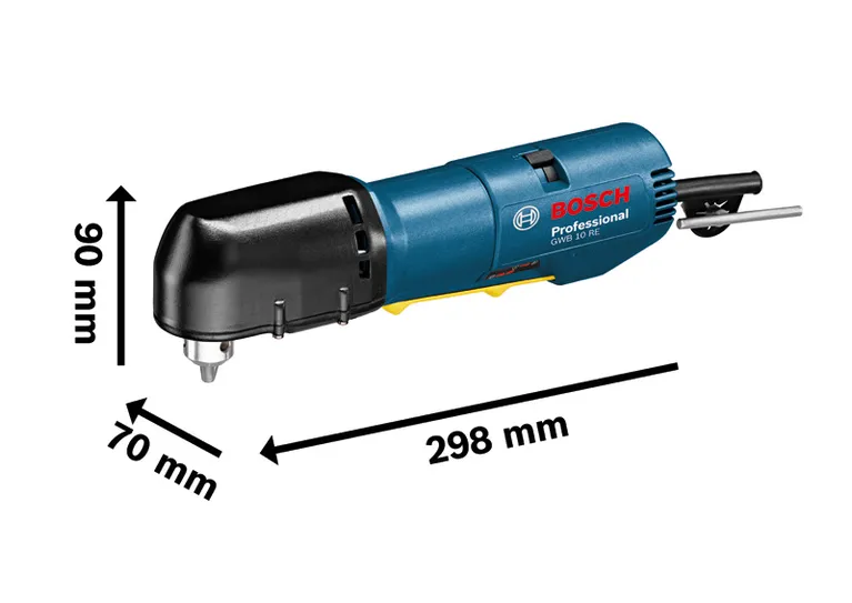 Perceuse d'angle Bosch GWB 10 RE, compacte, longueur 298 mm.