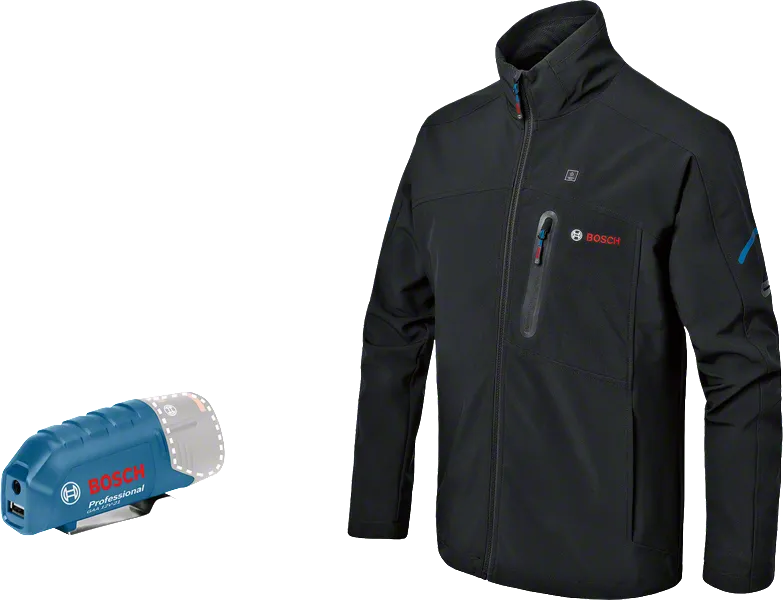 Veste chauffante Bosch avec adaptateur de batterie USB.