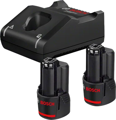 Chargeur de batterie Bosch 12V avec deux batteries 2,0Ah.