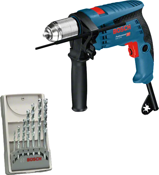 Perceuse Bosch GSB 13 RE avec poignée latérale et jeu de forets.