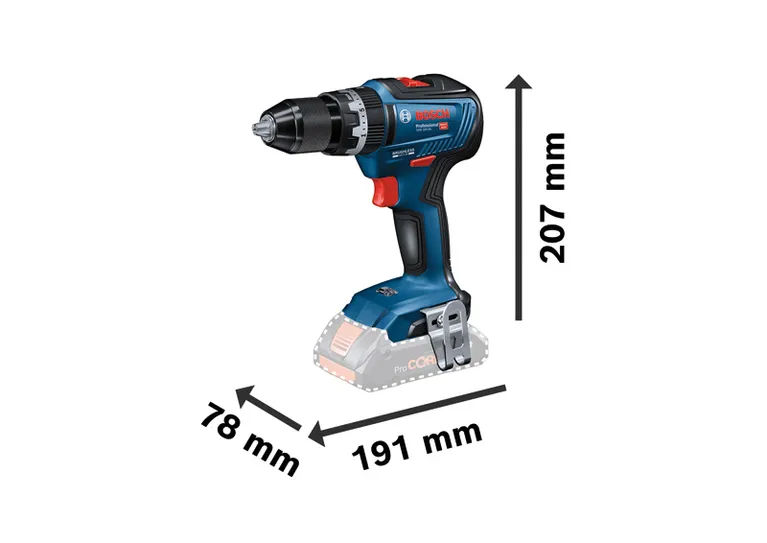 Dimensions de la perceuse Bosch GSB 18V-55 avec batterie ProCORE.