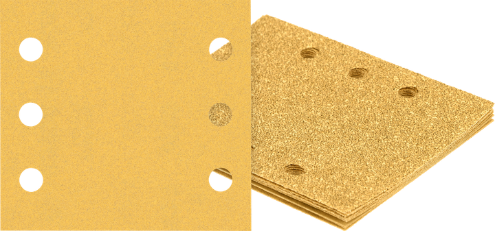 Feuilles abrasives Bosch avec six trous d'extraction de poussière.