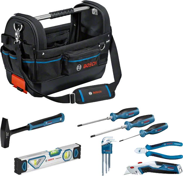 Kit combiné Bosch GWT 20 avec outils à main et sac de transport.