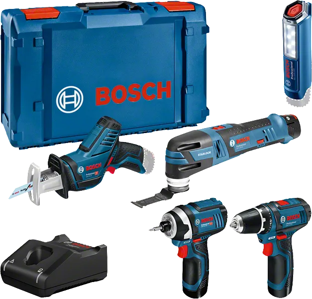 Kit combiné Bosch 12 V 5 outils avec étui et chargeur.