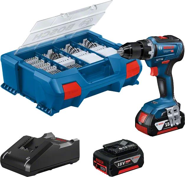 Coffret de perceuse Bosch GSR 18V-55 avec coffret, batterie et chargeur.