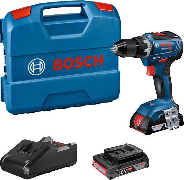 Ensemble de perceuse-visseuse sans fil Bosch GSR 18V-55 avec batterie et chargeur.