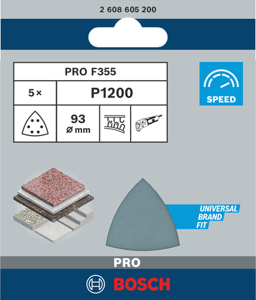 Bosch PRO F355 93 mm P1200 feuilles abrasives 5 pièces.