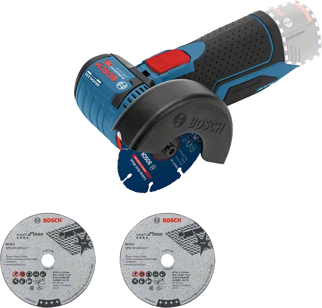 Meuleuse d'angle sans fil Bosch GWS 12V-76 avec disques à tronçonner.