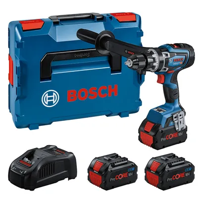 Ensemble de perceuse-visseuse sans fil Bosch GSB 18V-150 C avec trois batteries.