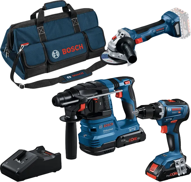 Ensemble combiné Bosch 18V avec perceuse, marteau perforateur, meuleuse d'angle, chargeur et sac.