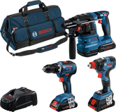 Ensemble d'outils Bosch 3 pièces 18V avec sac, chargeur et batteries.