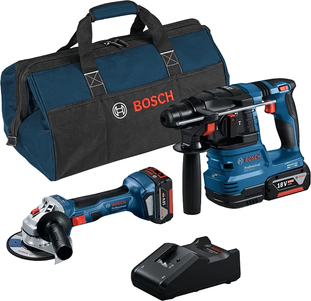 Ensemble combiné Bosch 18 V avec meuleuse d'angle, marteau perforateur, chargeur et sac.